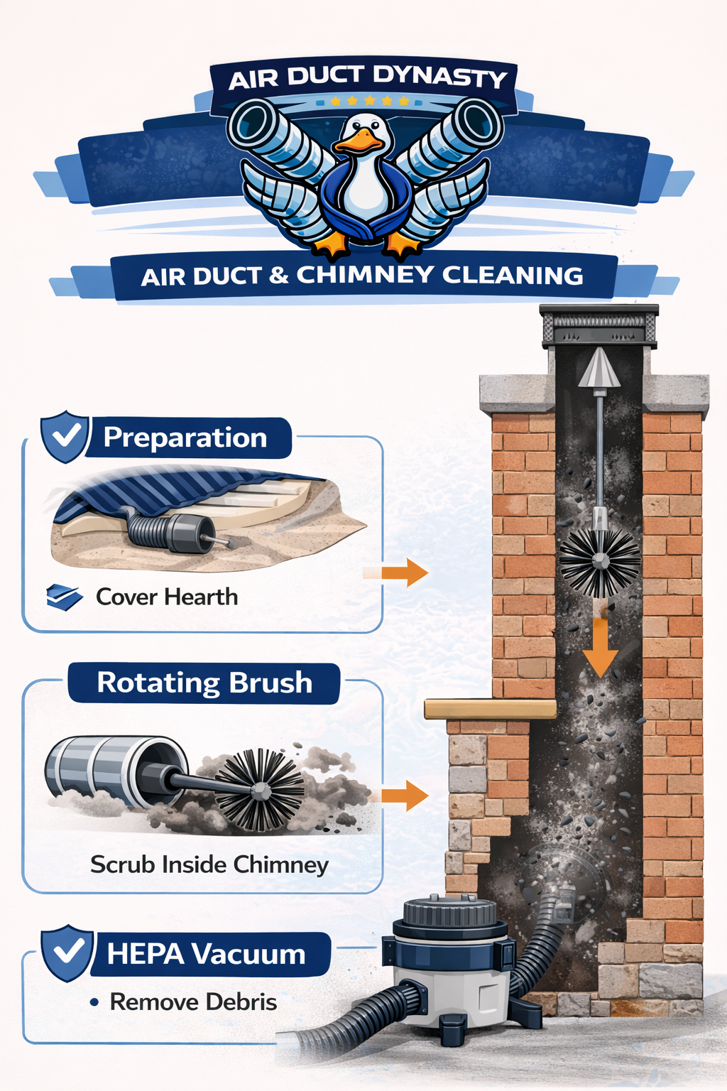Chimney cleaning diagram — components inspected by Air Duct Dynasty in Elkins Park PA