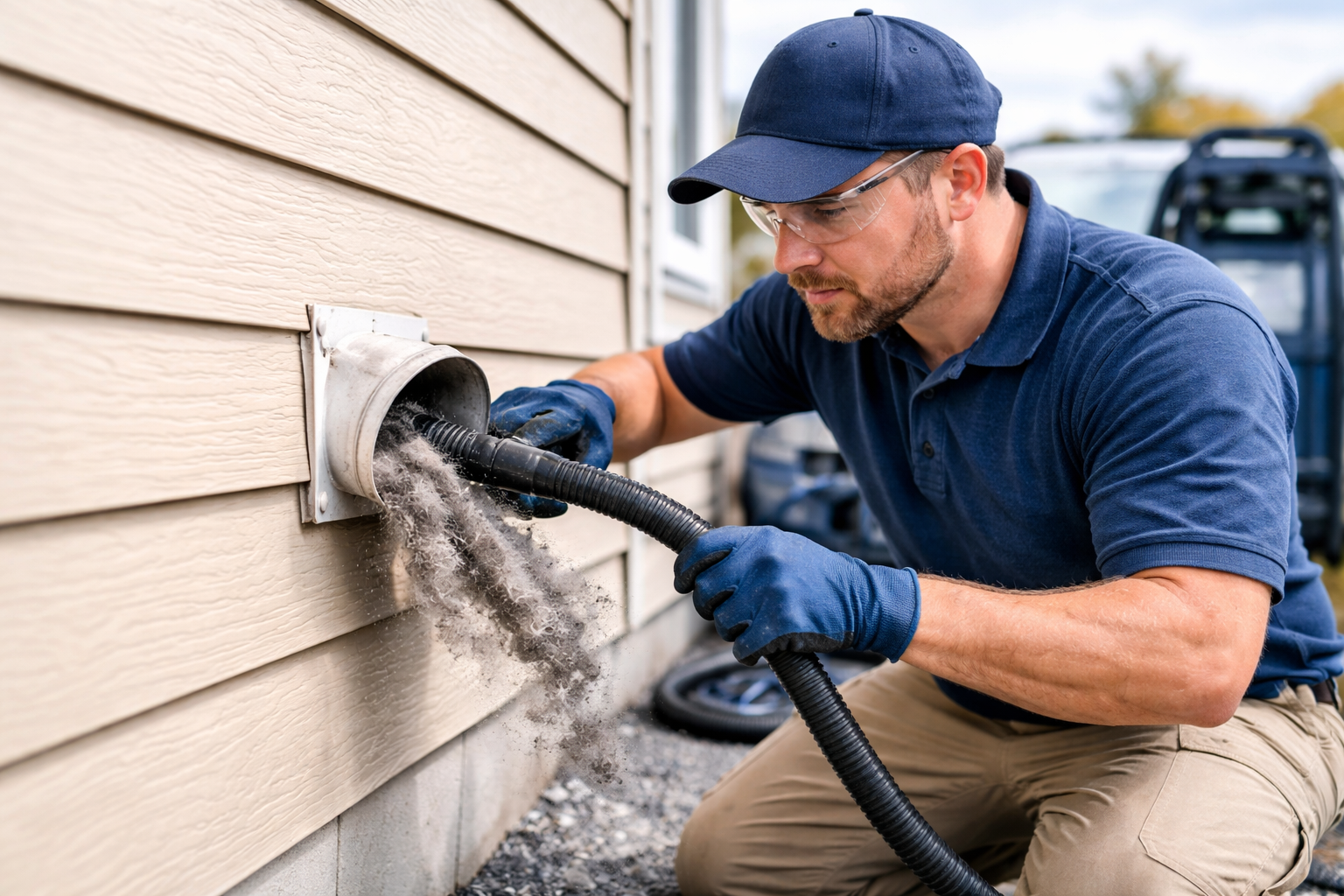 Air Duct Dynasty technician cleaning a dryer vent exhaust at a home near the Delaware River in Bristol, PA