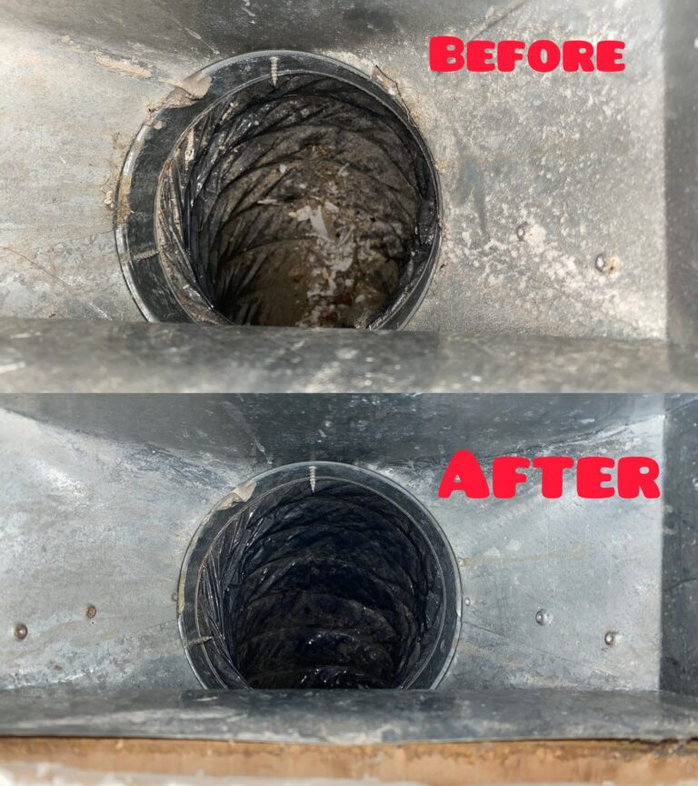 Before and after view of a round duct opening, showing dust removed from the duct walls