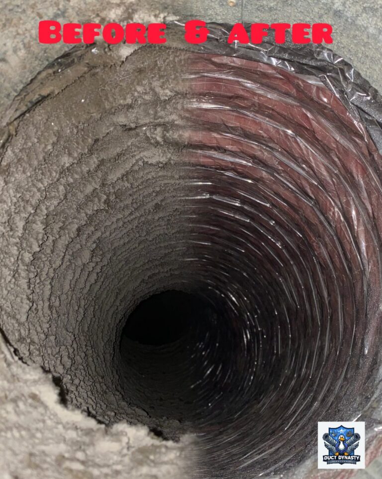 Before and after comparison inside a residential air duct, dust-caked on one side and clean on the other