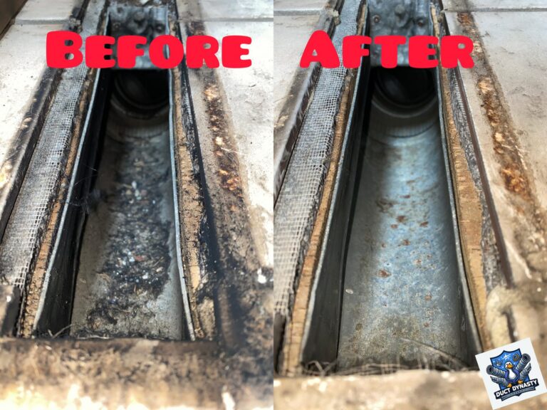 Before and after of a floor vent trough, heavy debris removed to bare metal